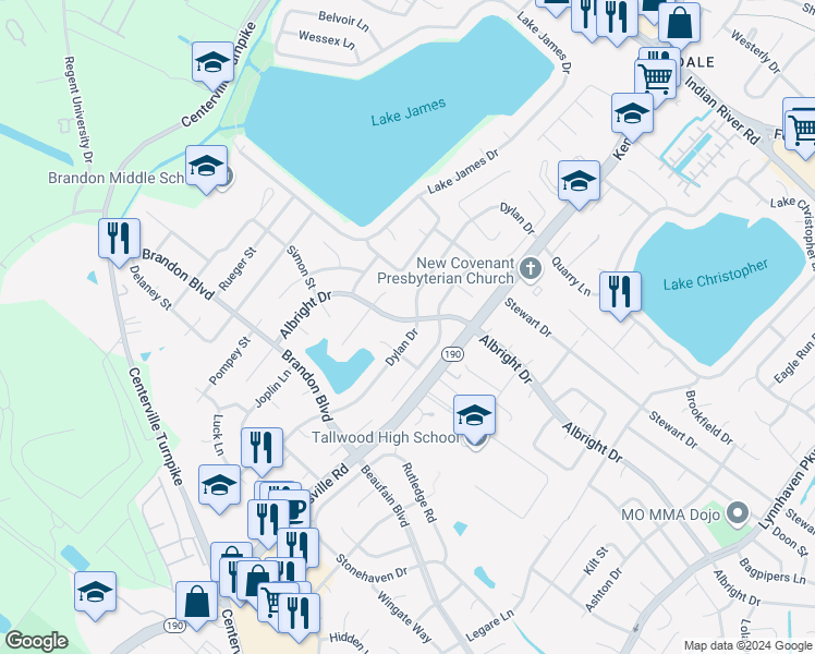 map of restaurants, bars, coffee shops, grocery stores, and more near 5625 Albright Drive in Virginia Beach