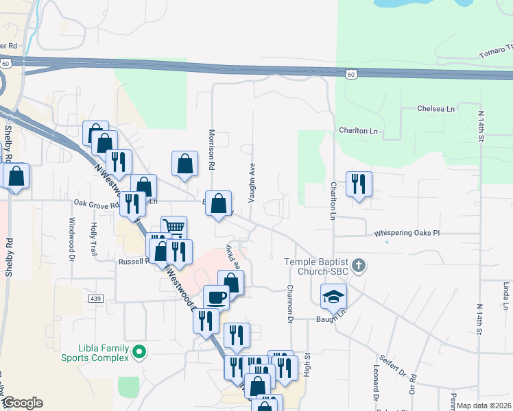 map of restaurants, bars, coffee shops, grocery stores, and more near 2841 Vaughn Avenue in Poplar Bluff