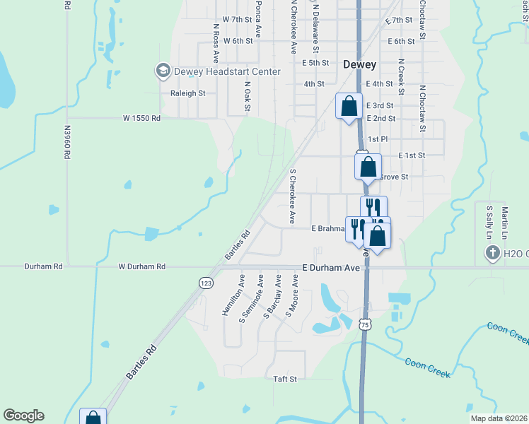 map of restaurants, bars, coffee shops, grocery stores, and more near 113 East Brahma Avenue in Dewey