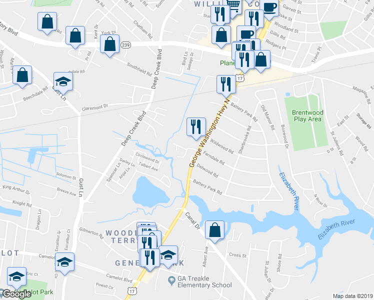 map of restaurants, bars, coffee shops, grocery stores, and more near 2499 Shamrock Garden Road in Chesapeake