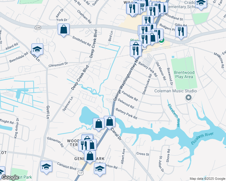 map of restaurants, bars, coffee shops, grocery stores, and more near 2411 Shamrock Garden Road in Chesapeake