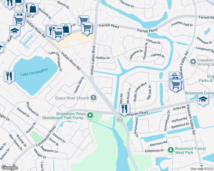 map of restaurants, bars, coffee shops, grocery stores, and more near 5216 Westhaven Crescent in Virginia Beach