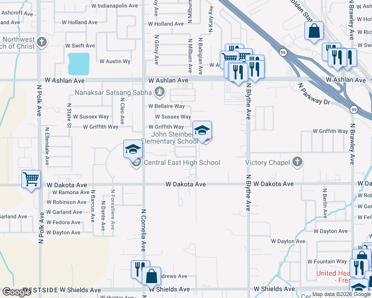 map of restaurants, bars, coffee shops, grocery stores, and more near 4639 West Saginaw Way in Fresno