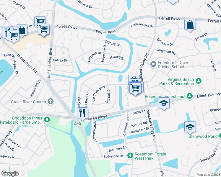 map of restaurants, bars, coffee shops, grocery stores, and more near 1600 Mill Oak Drive in Virginia Beach