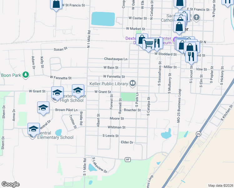 map of restaurants, bars, coffee shops, grocery stores, and more near 625 West Grant Street in Dexter