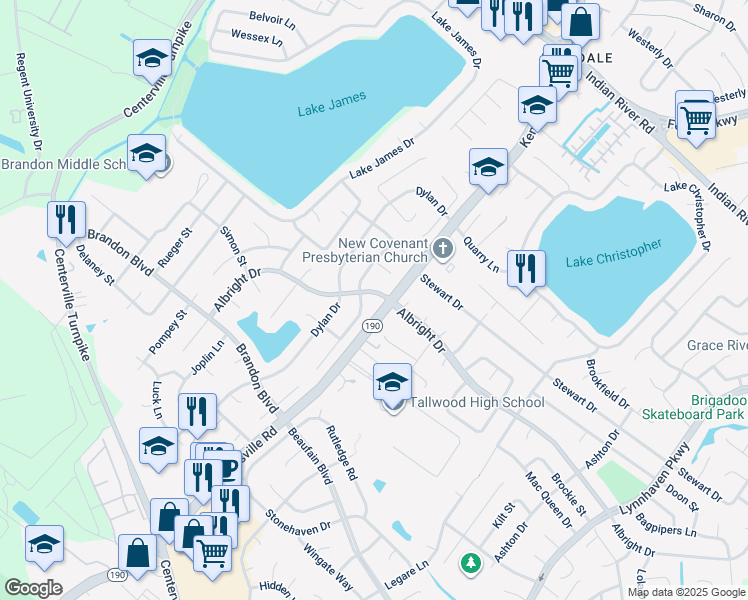 map of restaurants, bars, coffee shops, grocery stores, and more near 5605 Albright Drive in Virginia Beach