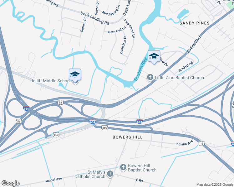 map of restaurants, bars, coffee shops, grocery stores, and more near Flintfield Crescent in Chesapeake