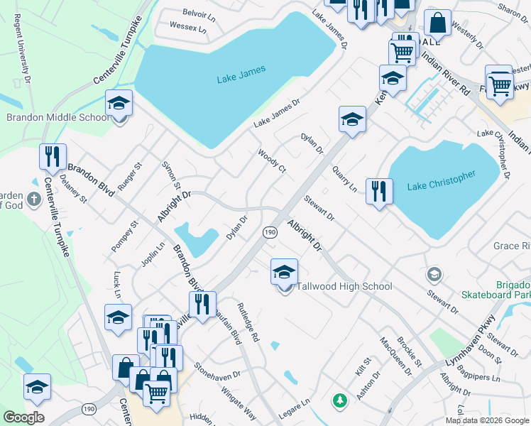 map of restaurants, bars, coffee shops, grocery stores, and more near 5613 Albright Drive in Virginia Beach