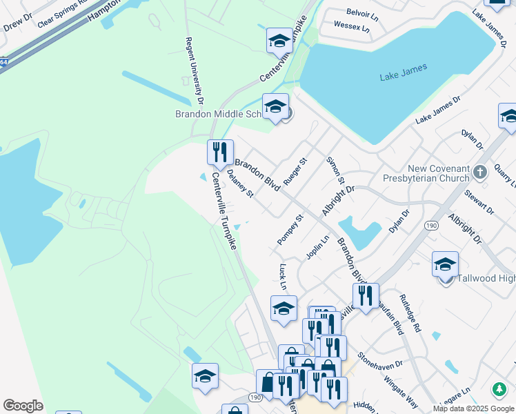 map of restaurants, bars, coffee shops, grocery stores, and more near 1840 Delaney St in Virginia Beach