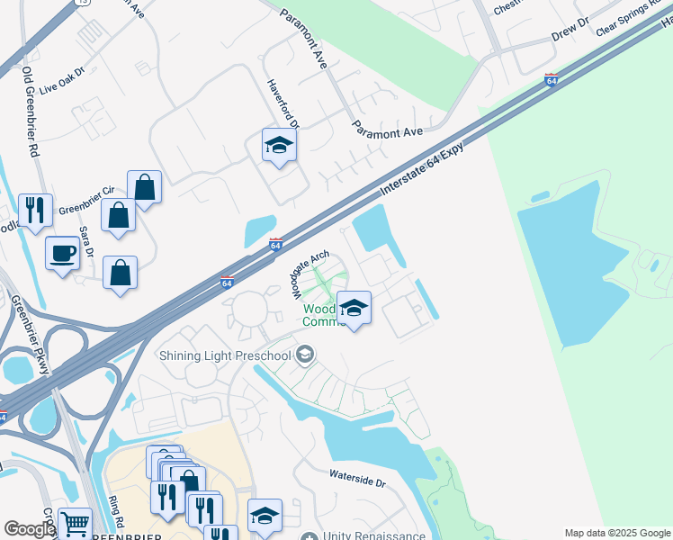 map of restaurants, bars, coffee shops, grocery stores, and more near 2006 Woodgate Arch in Chesapeake