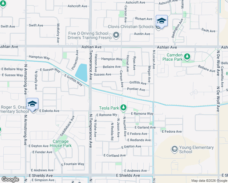 map of restaurants, bars, coffee shops, grocery stores, and more near 2746 Pontiac Avenue in Clovis