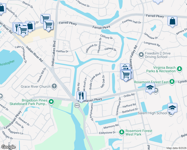 map of restaurants, bars, coffee shops, grocery stores, and more near 1461 Bridle Creek Boulevard in Virginia Beach