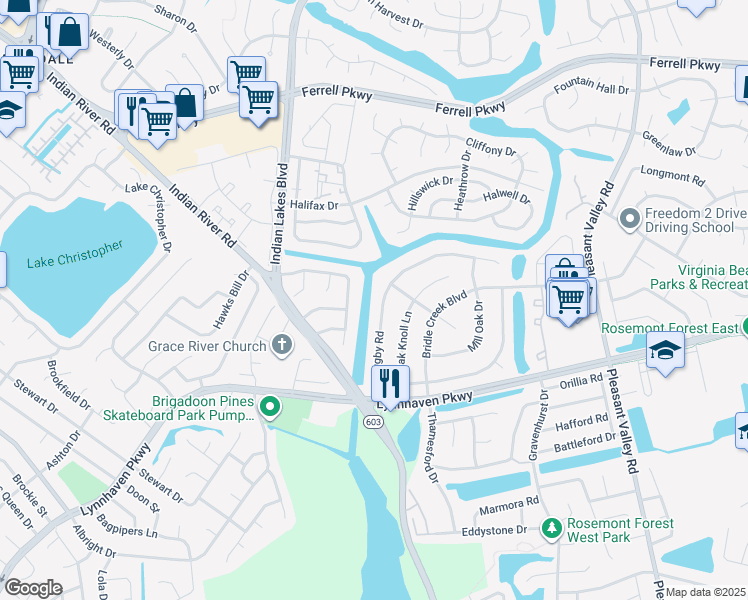 map of restaurants, bars, coffee shops, grocery stores, and more near 4940 Rugby Road in Virginia Beach