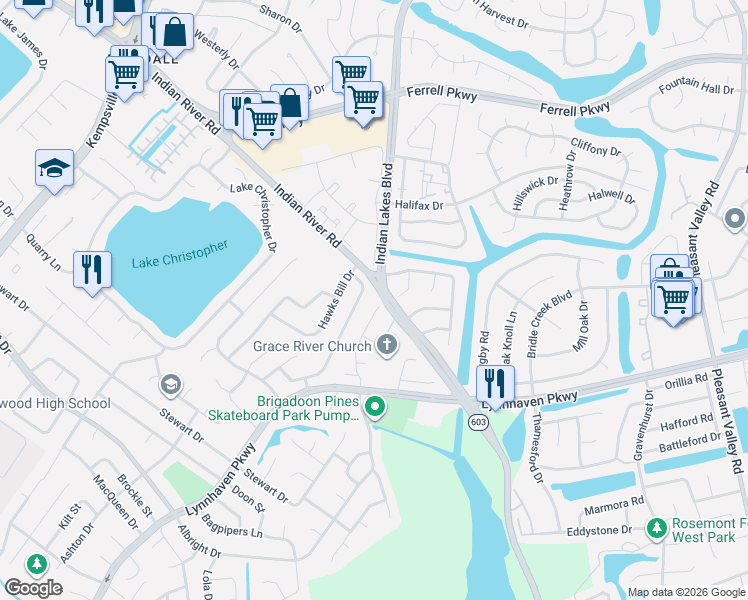 map of restaurants, bars, coffee shops, grocery stores, and more near 1601 Sinking Creek Drive in Virginia Beach