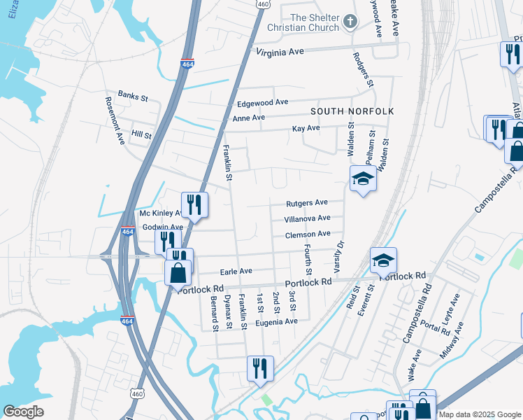 map of restaurants, bars, coffee shops, grocery stores, and more near 505 Rutgers Avenue in Chesapeake
