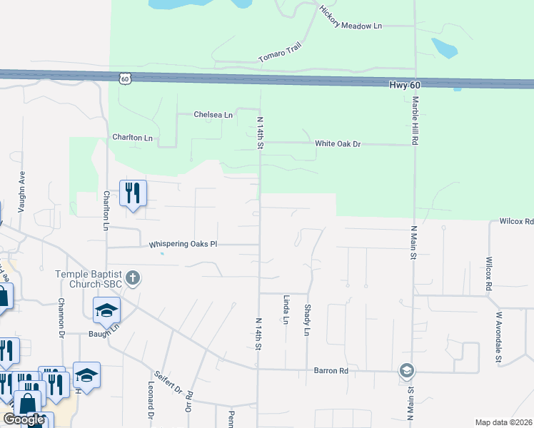 map of restaurants, bars, coffee shops, grocery stores, and more near 3022 North 14th Street in Poplar Bluff