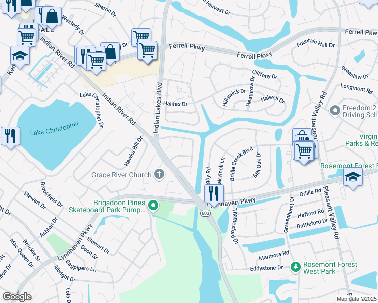 map of restaurants, bars, coffee shops, grocery stores, and more near 5202 Settlers Park Drive in Virginia Beach