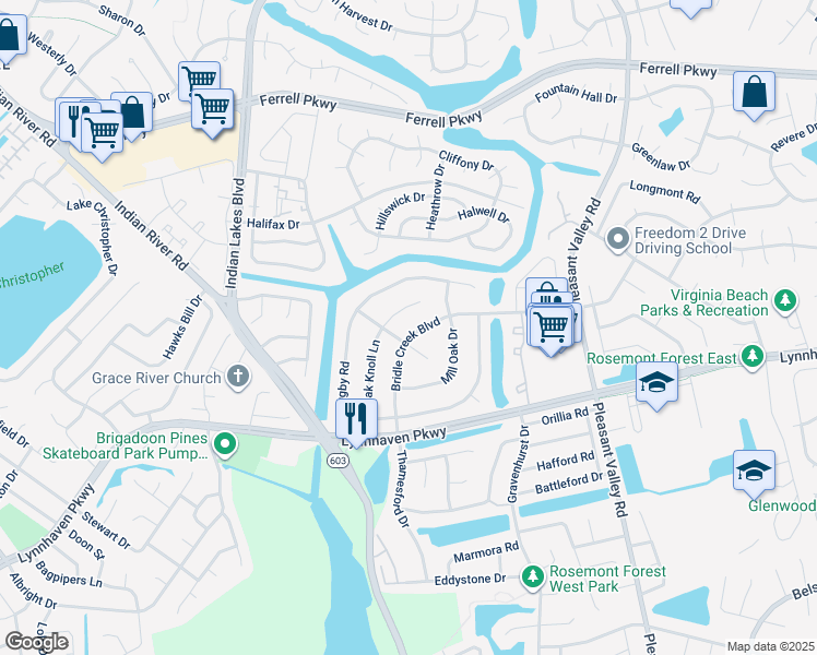map of restaurants, bars, coffee shops, grocery stores, and more near 1477 Bridle Creek Boulevard in Virginia Beach
