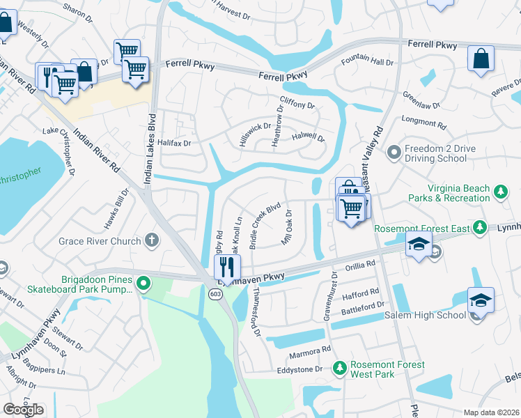 map of restaurants, bars, coffee shops, grocery stores, and more near 1461 Bridle Creek Boulevard in Virginia Beach