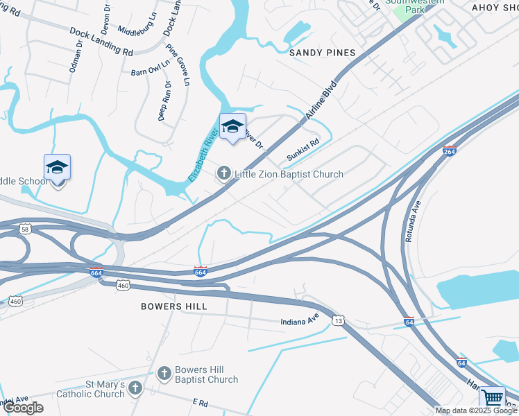 map of restaurants, bars, coffee shops, grocery stores, and more near 3905 Spring Meadow Crescent in Chesapeake