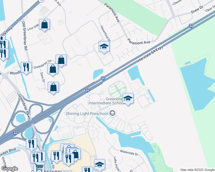 map of restaurants, bars, coffee shops, grocery stores, and more near 1918 Woodgate Arch in Chesapeake