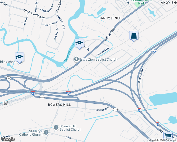 map of restaurants, bars, coffee shops, grocery stores, and more near 3905 Spring Meadow Crescent in Chesapeake