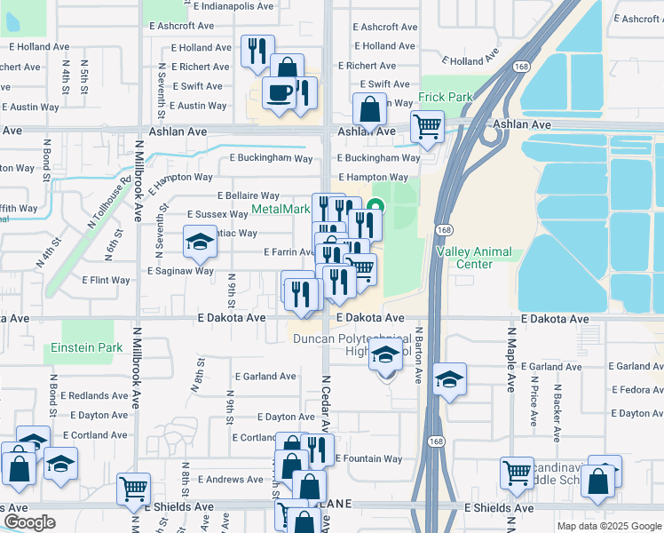 map of restaurants, bars, coffee shops, grocery stores, and more near 3910 N Cedar Ave in Fresno