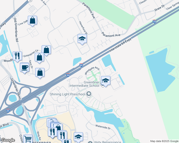map of restaurants, bars, coffee shops, grocery stores, and more near 1945 Woodgate Arch in Chesapeake