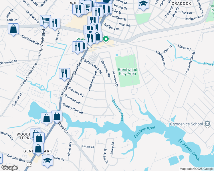 map of restaurants, bars, coffee shops, grocery stores, and more near 2101 Battery Park Road in Chesapeake
