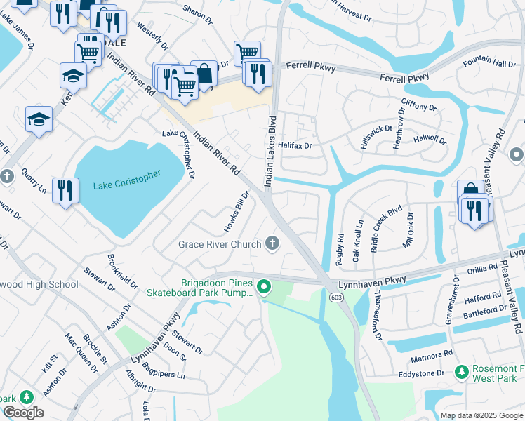 map of restaurants, bars, coffee shops, grocery stores, and more near 1605 Sinking Creek Drive in Virginia Beach