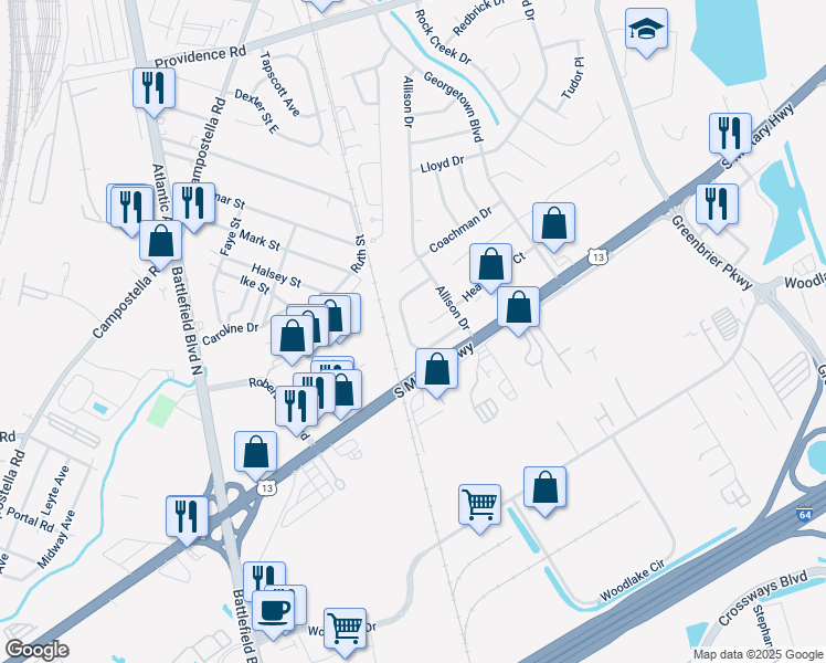 map of restaurants, bars, coffee shops, grocery stores, and more near 1917 Candlelight Drive in Chesapeake