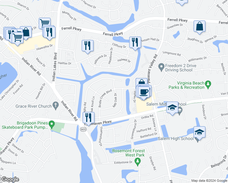 map of restaurants, bars, coffee shops, grocery stores, and more near 1440 Bridle Creek Boulevard in Virginia Beach