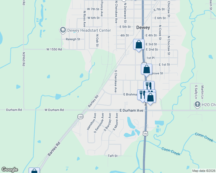 map of restaurants, bars, coffee shops, grocery stores, and more near 113 East Brahma Avenue in Dewey