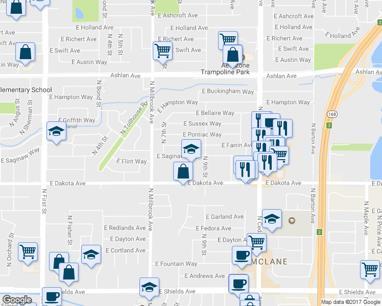 map of restaurants, bars, coffee shops, grocery stores, and more near 3847 East Saginaw Way in Fresno