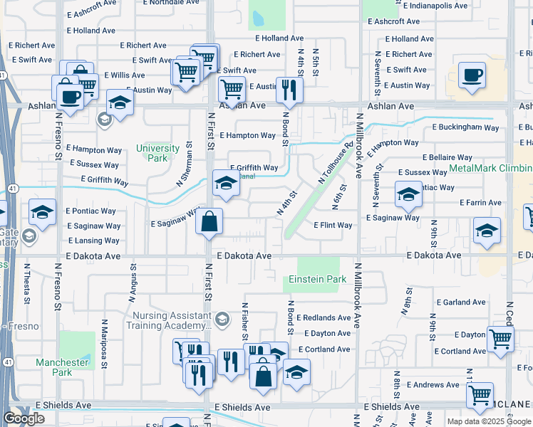 map of restaurants, bars, coffee shops, grocery stores, and more near 3333 East Saginaw Way in Fresno