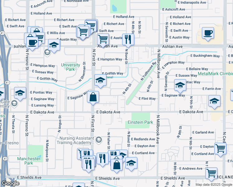 map of restaurants, bars, coffee shops, grocery stores, and more near 3333 East Saginaw Way in Fresno