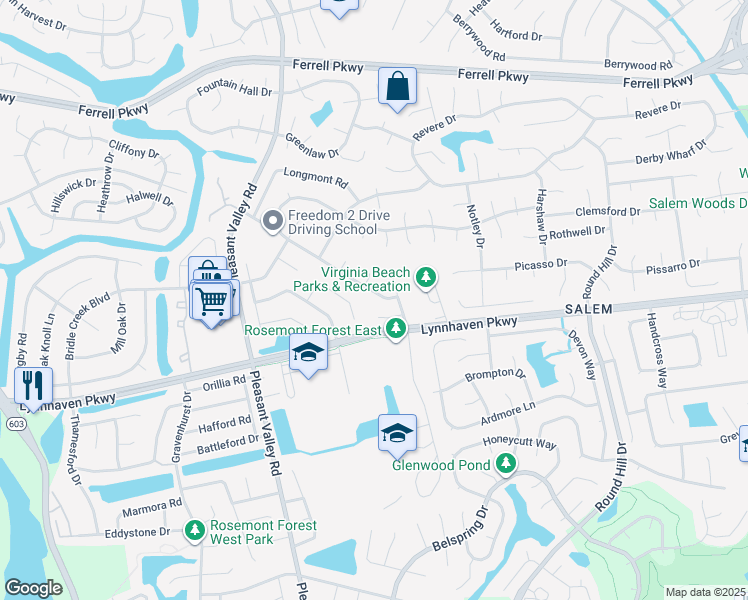 map of restaurants, bars, coffee shops, grocery stores, and more near 4888 Boxford Road in Virginia Beach