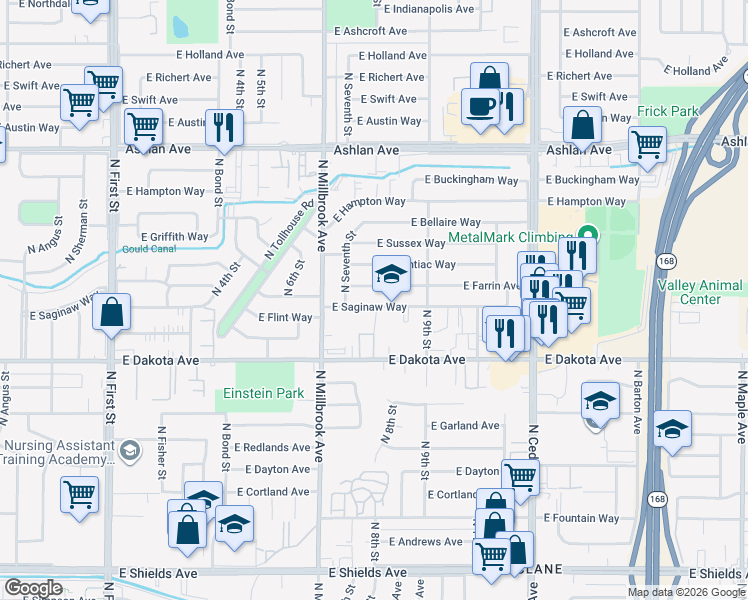 map of restaurants, bars, coffee shops, grocery stores, and more near 3793 East Saginaw Way in Fresno