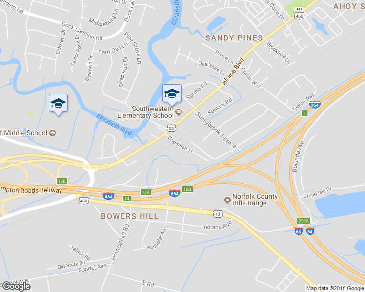 map of restaurants, bars, coffee shops, grocery stores, and more near 1335 Goodman Street in Chesapeake