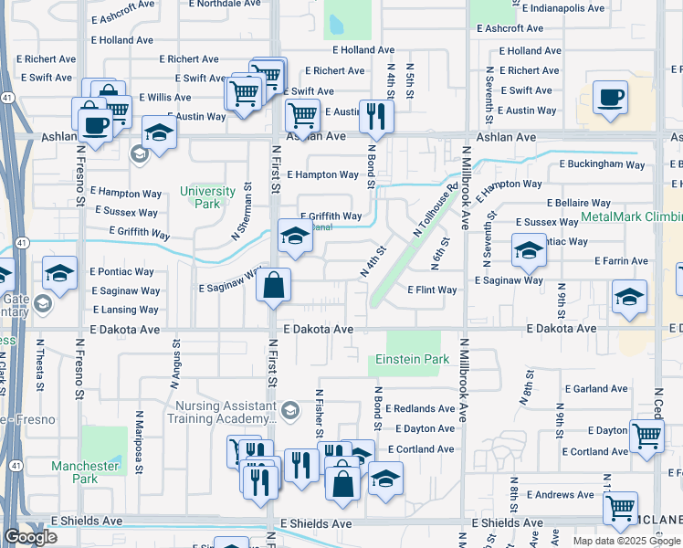map of restaurants, bars, coffee shops, grocery stores, and more near 3333 East Saginaw Way in Fresno