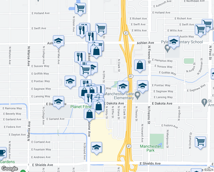 map of restaurants, bars, coffee shops, grocery stores, and more near 3935 North Effie Street in Fresno