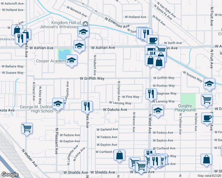 map of restaurants, bars, coffee shops, grocery stores, and more near 3933 North Hacienda Drive in Fresno