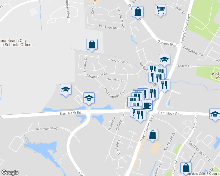 map of restaurants, bars, coffee shops, grocery stores, and more near 1529 Snowbird Court in Virginia Beach