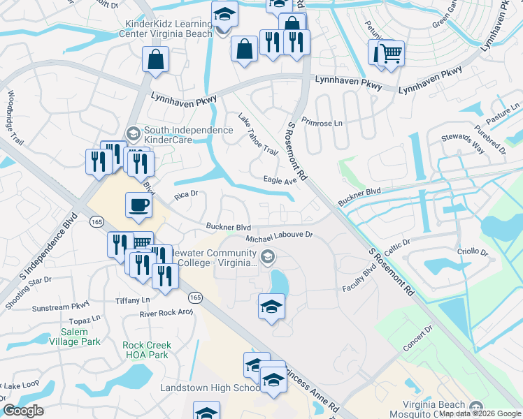 map of restaurants, bars, coffee shops, grocery stores, and more near 3517 Brigita Court in Virginia Beach