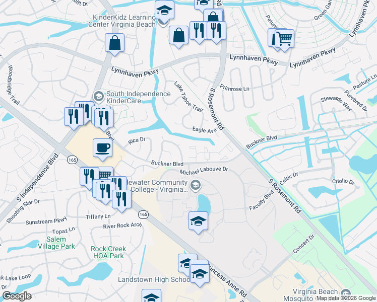 map of restaurants, bars, coffee shops, grocery stores, and more near 3564 Brigita Court in Virginia Beach