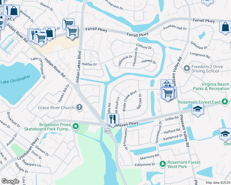 map of restaurants, bars, coffee shops, grocery stores, and more near 4940 Rugby Road in Virginia Beach