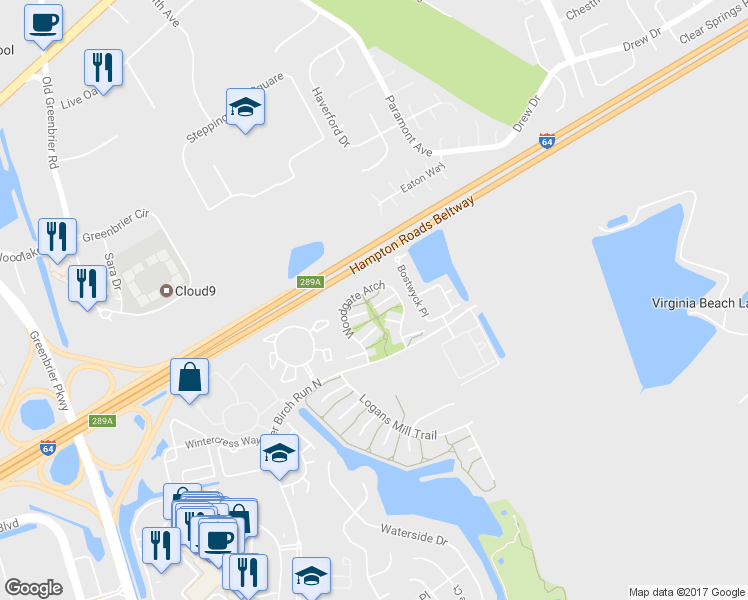map of restaurants, bars, coffee shops, grocery stores, and more near 1945 Woodgate Arch in Chesapeake