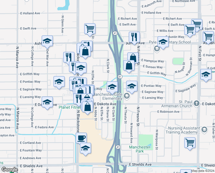 map of restaurants, bars, coffee shops, grocery stores, and more near 2053 East Saginaw Way in Fresno