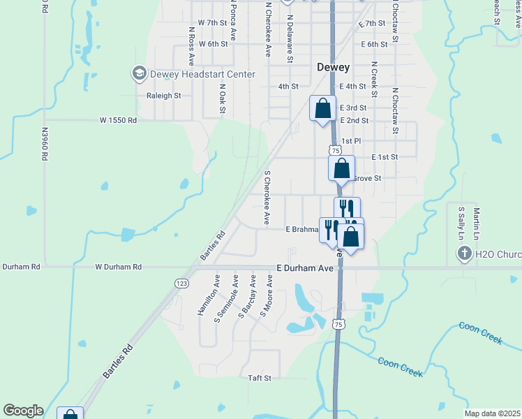 map of restaurants, bars, coffee shops, grocery stores, and more near 207 Circle Drive in Dewey