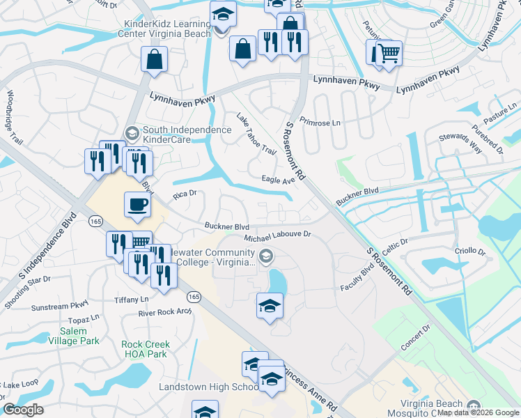 map of restaurants, bars, coffee shops, grocery stores, and more near 3517 Brigita Court in Virginia Beach